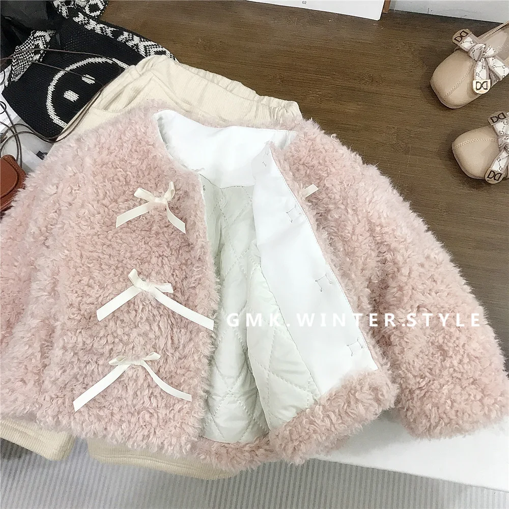 Winter Children Girl Parka Cotton Padded Bow Button Toddler Girl Outerwear Coat Fleece Thicken Infant Baby Girl Faux Fur Jackets