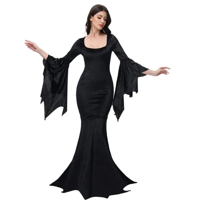

Halloween Party Morticia Adams Primate Black Adams Family Dress Retro Gothic Flared Sleeve Fishtail Dress Performance Outfits