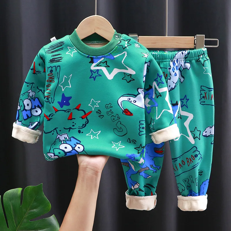 Autumn Winter Thick Warm Comfortable Kids Pyjamas Set Cartoon Padded Long Sleeve Soft Homewear Children Leisure O-Neck Sleepwear