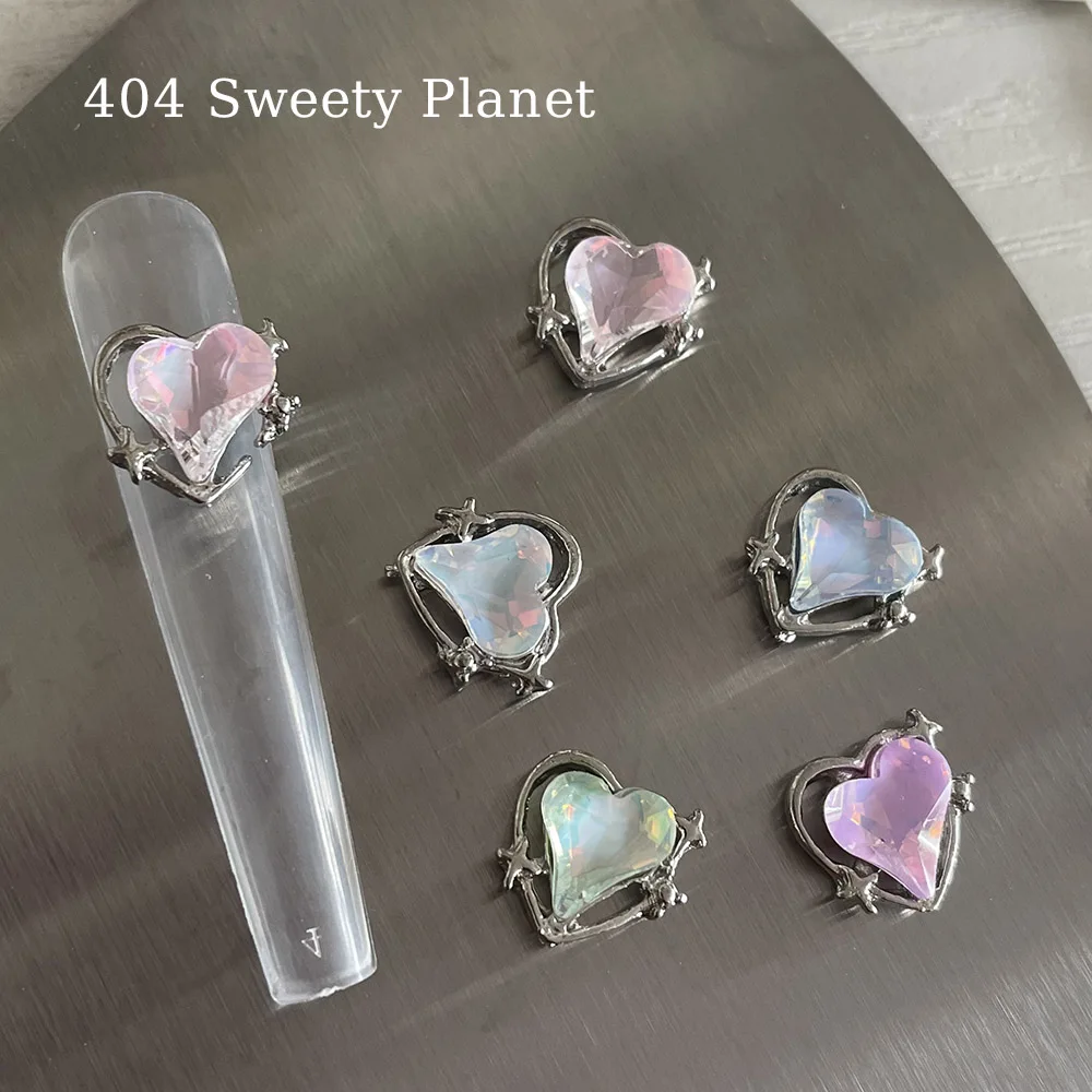 -Sweety Planet- 10pcs Mixed Dazzling Heart Charms Silver Star Metal Contour Alloy Aurora Macaroon Heart Crystal Nail Jewelry 404