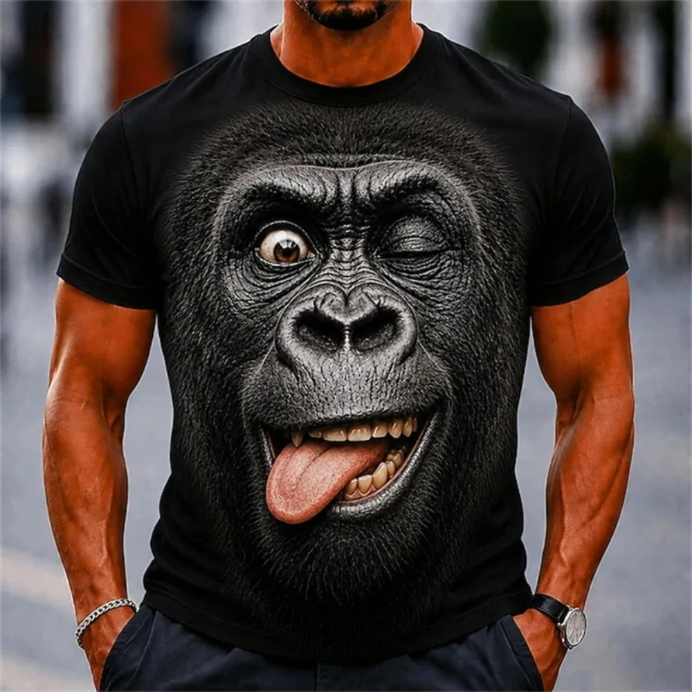 Herren-T-Shirt mit 3D-Druck und Stickerei, Rundhalsausschnitt – Lustige Kuh mit großem Gesicht, realistische Cartoon-Tiermuster, lässiges Party- und Elternhemd – Detail 12