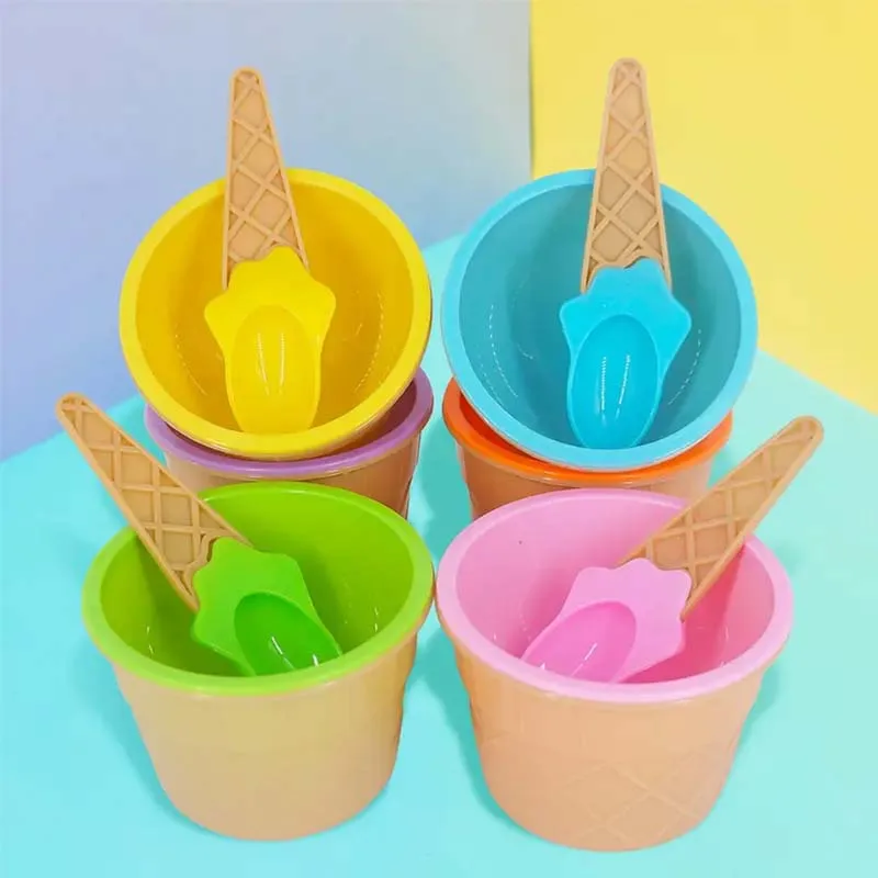 6 Sets Ice Cream Bowl and Spoon Plastic Reusable Ice Cream Bowl Cartoon Egg Cone Children Fruit Dessert Bowl Kitchen Accessories