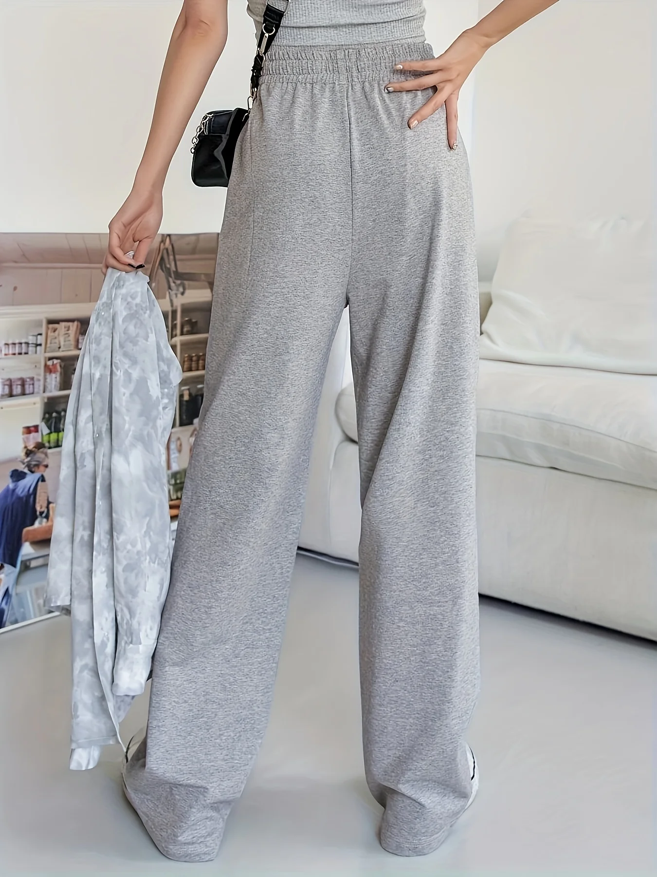 بنطال رياضي نسائي رمادي فاتح مستقيم الساق بنطال رياضي برباط كاجوال للخريف/الشتاء بنطال رياضي قماش مريح #4