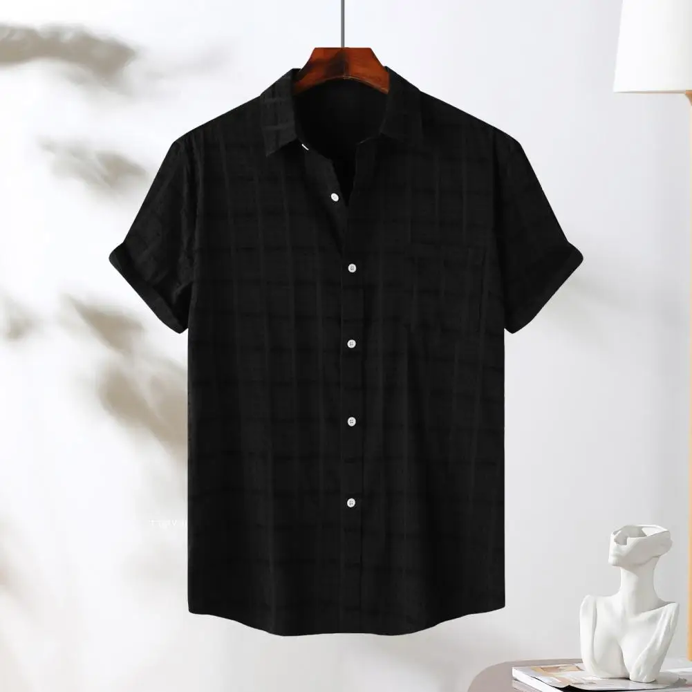 Camisa manga curta de design simples masculina, camisas elegantes com lapela, monocromática, tops casuais para trabalho, férias, verão