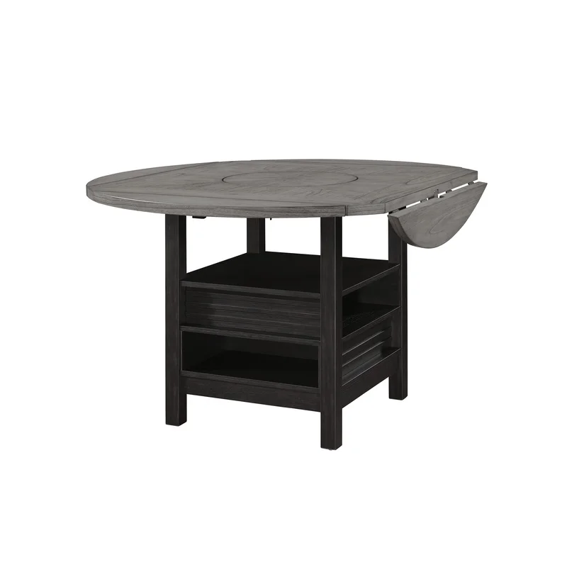 Farmhouse Round Counter Table with Single Pedestal, Integrated Turntable, Drop Leaf, Storage Shelf, Black Gray Natural Grain Finish