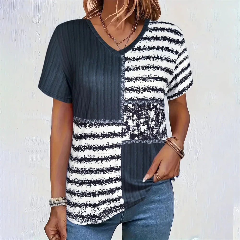 

Abstract Simple V-Neck Short Sleeve Plaid Brown Vintage Geometry Graphic Print Loose Shirts Female Casual Outdoor Women Clothing