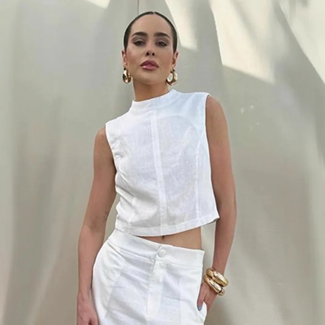 

2026 White Long Skirt Set For Women Sleeveless Stand Collar Top High Waist Slit Skirt Female Loose Office Lady Skirt Set