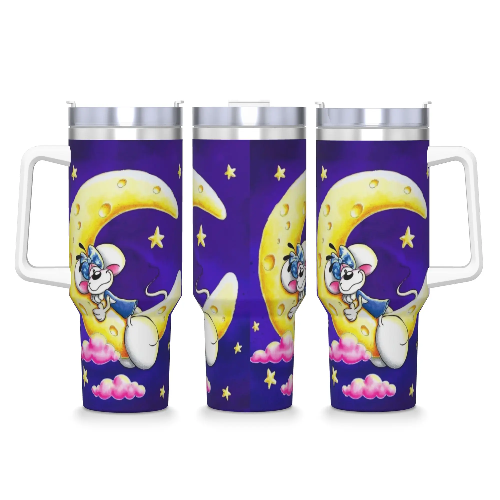 Image of Diddl Sleep on the Moon Edelstahlbecher Strand Thermobecher mit Strohhalmen und Deckel Große Autobecher Heißgetränke Wasserflasche