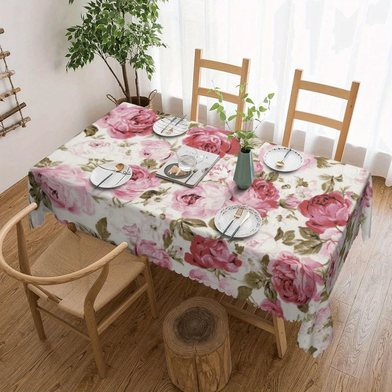 1 Vintage Rose Floral Pattern Themed Party Tablecloth, Country Style with Pink Roses and Green Leaves, Multiple Sizes Available, Polyester, Washable and Reusable, Suitable for Garden Weddings, Afternoon Tea Parties, Vintage Restaurant Decor, Creating
