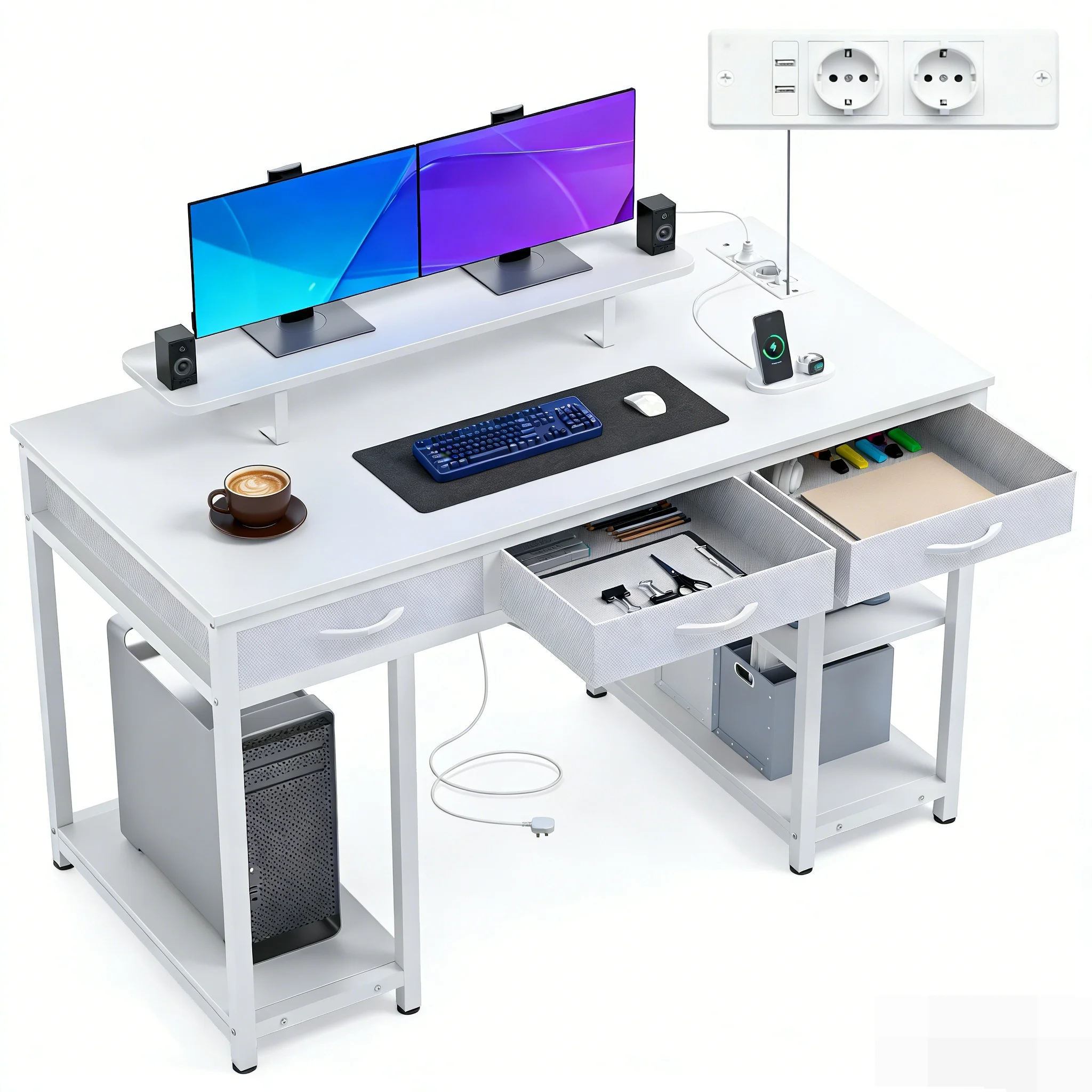 Bureau Claiks avec 3 tiroirs, bureau d'ordinateur avec 2 prises de charge USB et 2 prises de courant