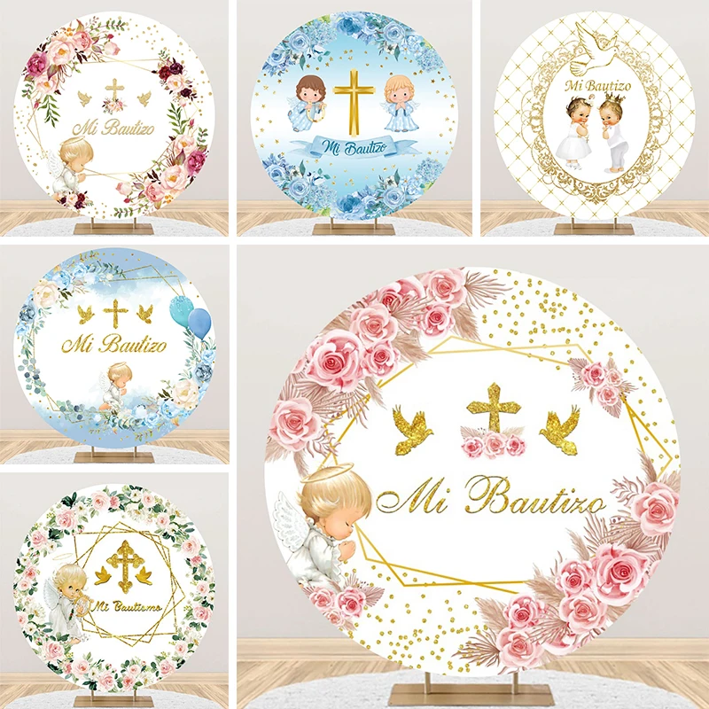 

Mi Bautizo Backdrop Round Cover Baby Shower Baptism Party Decoration Boy Girl Christening Angel Cross Circle Background Cloth