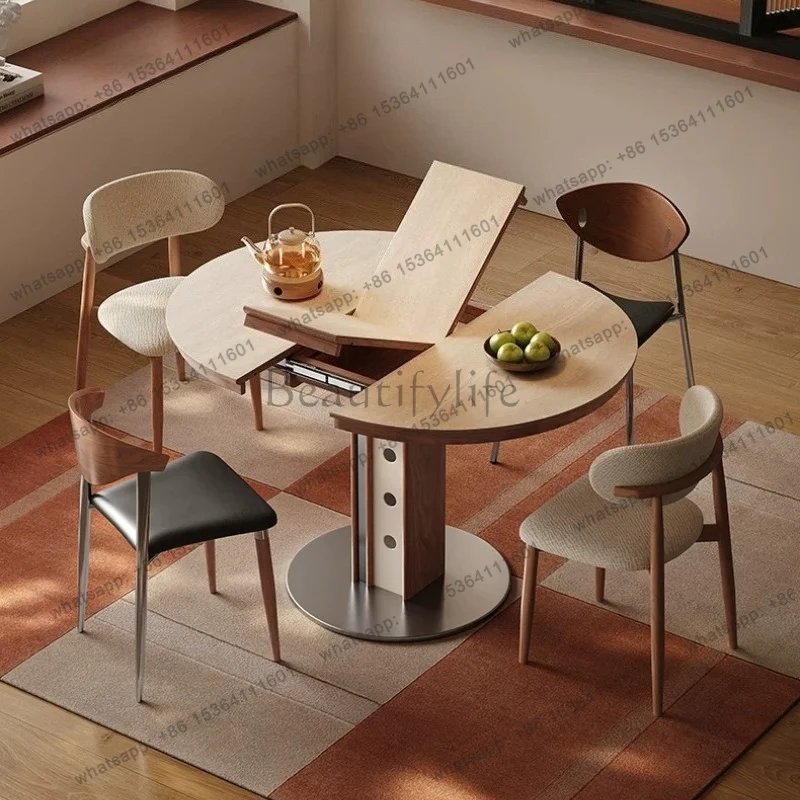FG Home Modern Luxury Solid Wood Retractable Folding Dining Table Household Travertine Rock Slab Round Tables With 4 Chairs Plia