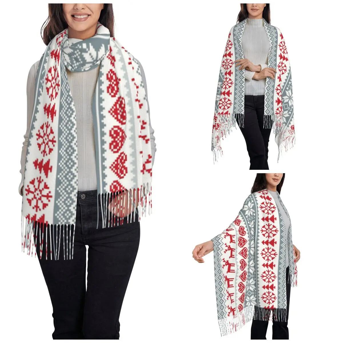 Women's Tassel Scarf Christmas Reindeer Heart Single-sided Pattern Warm Shawl and Wrap Nordic Snowflake Deer Pashmina Scarves