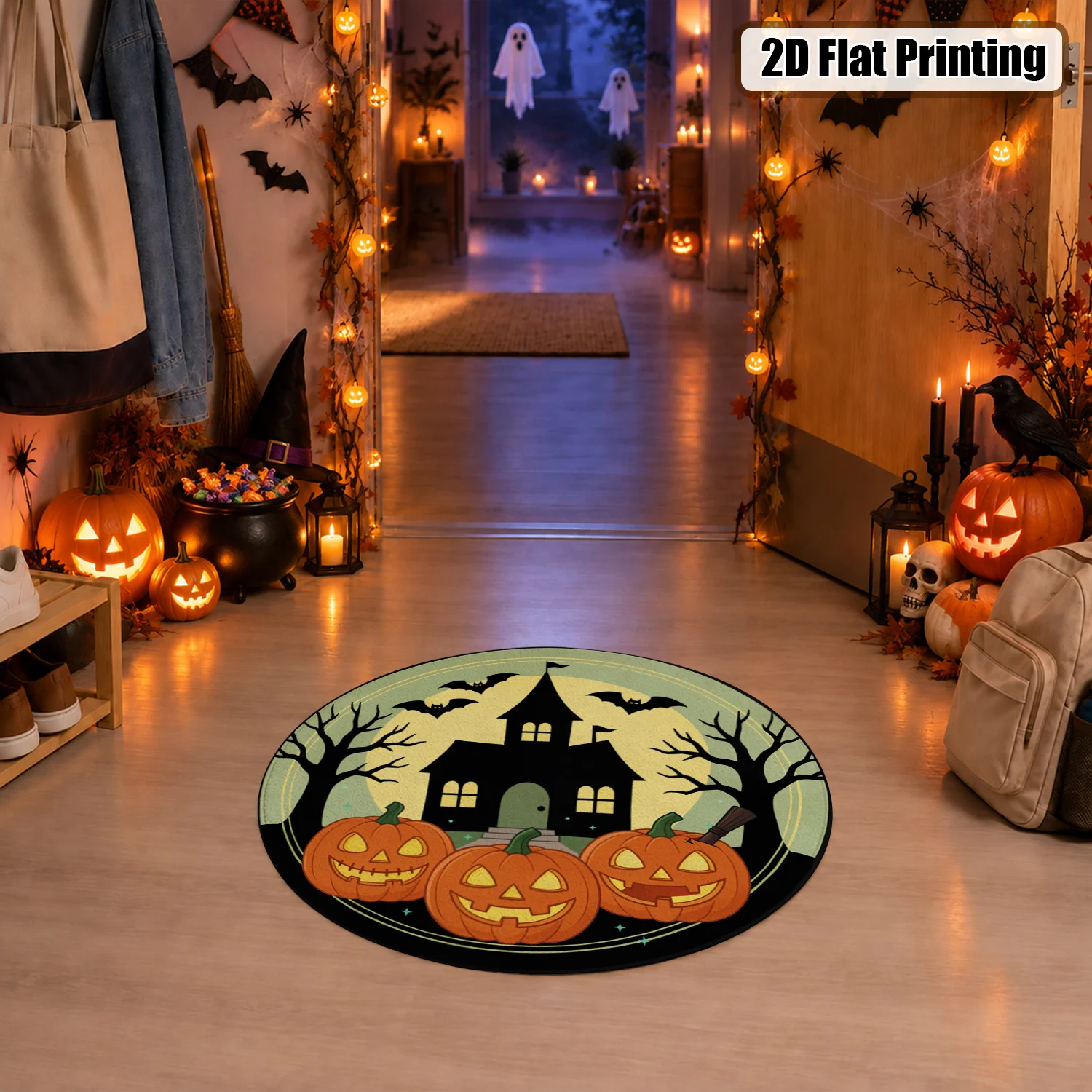 Halloween Haunted House Jack O Lantern Bat Pattern Round Velvet Rug Machine Washable for Living Room Bedroom Entryway Dining Room Halloween Thanksgiving Black Friday Christmas New Year
