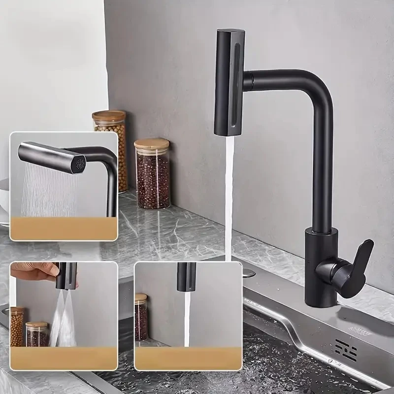 Kitchen Waterfall Faucet Black Sink Faucet Cold and Hot Water Faucet Sink Faucet with 4 Spray Heads Hot and Cold Water Faucet