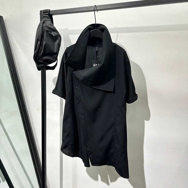 Summer Men's and Women's Fashionable Design Sense Avant-Garde Stand Collar Irregular Shirt Pu Handsome Retro Short Sleeve Top