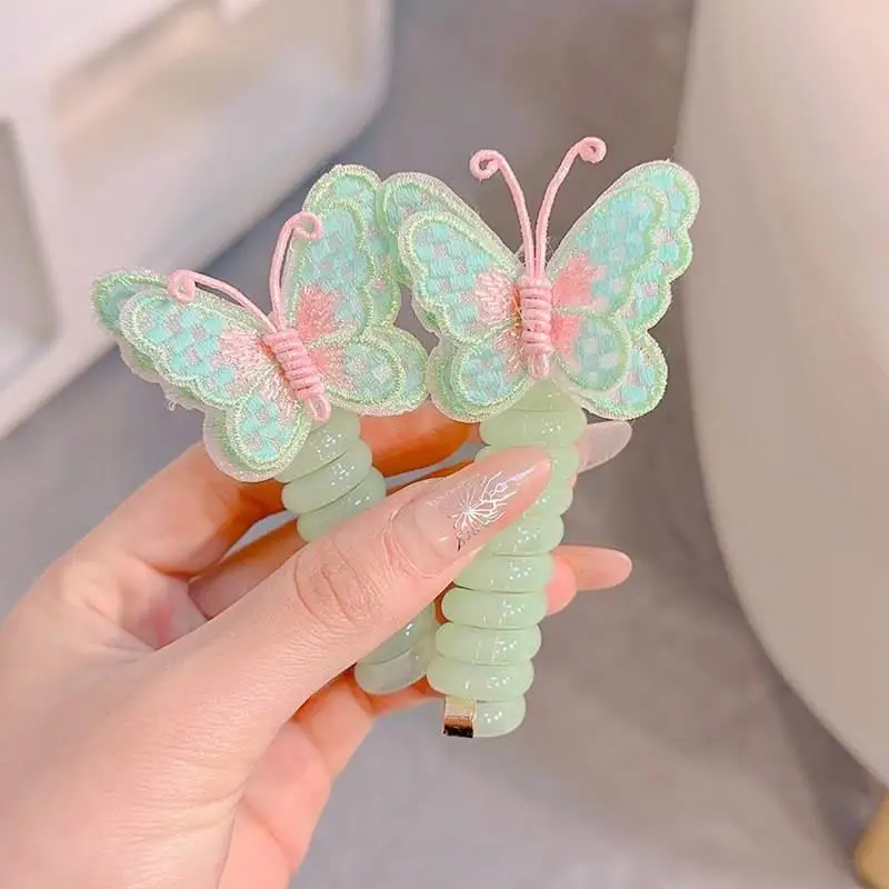 2PC Embroidered Butterfly Telephone Wire Line Hair Ties Girls Ponytail Holder Rubber Band Elastic Hair Band DIY Hair Accessories image 4