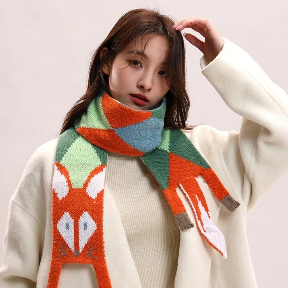 Versatile Japanese Style Knitted Scarf Imitation Cashmere Animal Cartoon Fox Scarf Trendy Autumn Winter Warm Shawl Wrap