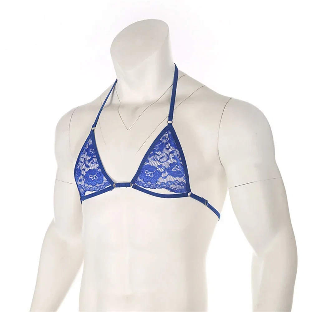 Sexy masculino tule renda roupa interior biquíni pijamas sem anel de aço sutiã topos regatas