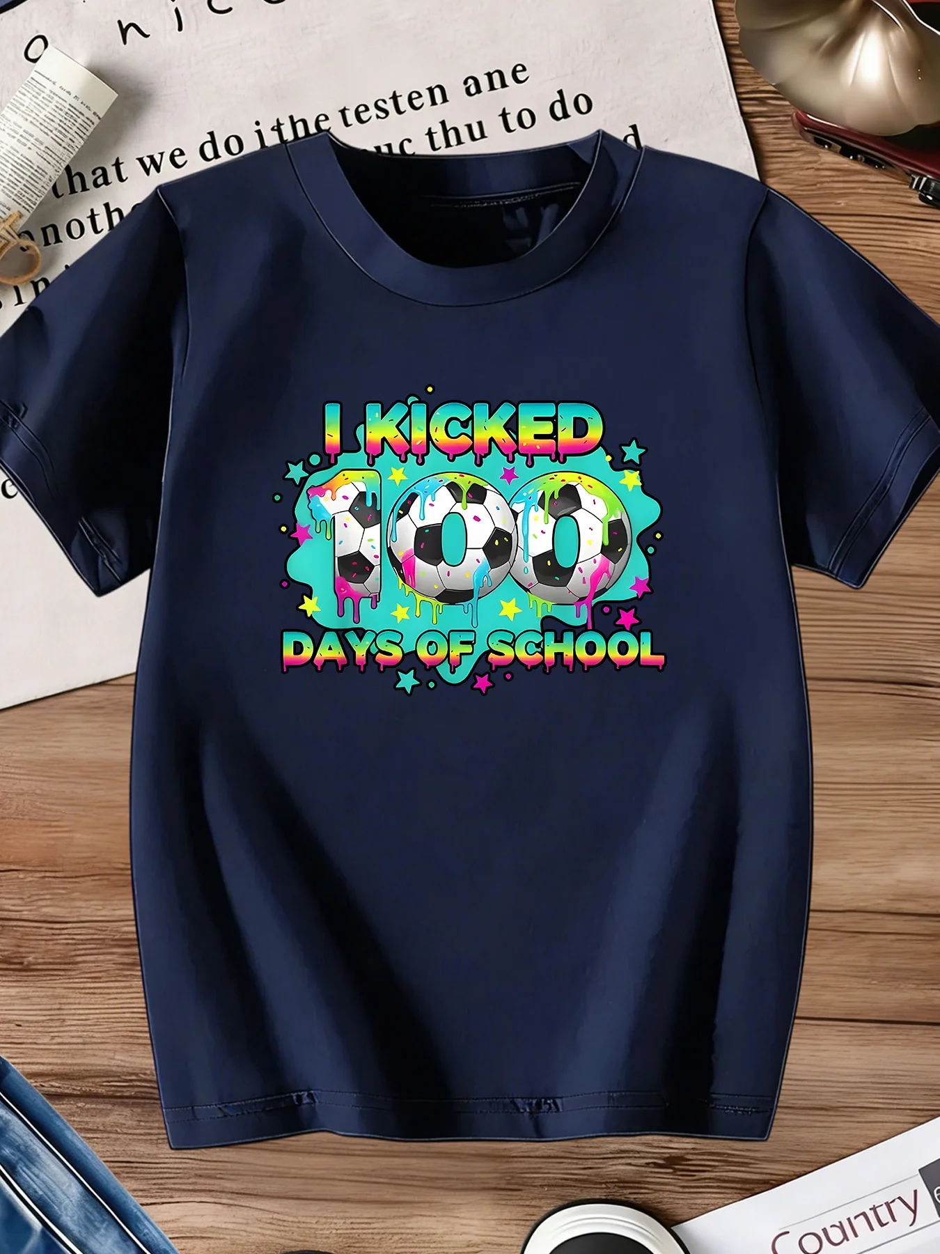 I Kicked 100 Days Of School Kids Tee Boys Girls Soccer Ball Print Short Sleeve T Shirt Children Casual Top 100th School Day Gift