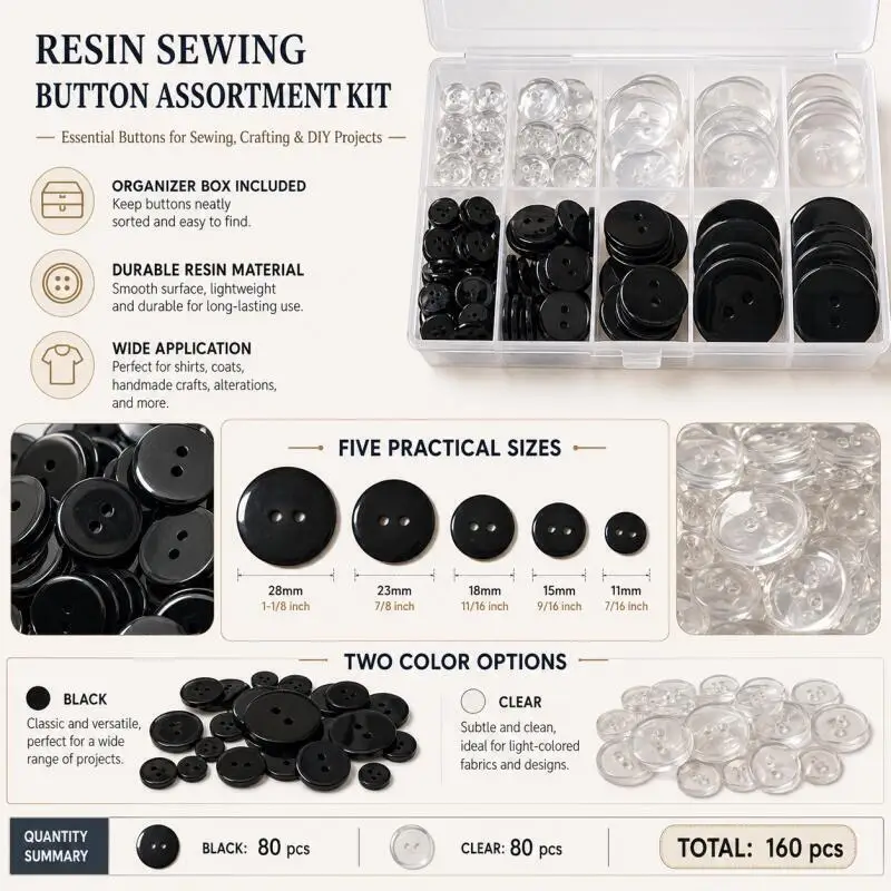 160 Stück 10~25 mm schwarze/transparente Knöpfe, 2-Loch-Nähknöpfe aus Kunstharz, für DIY-Kleidung und Hemden, Bekleidungszubehör – Detail 5