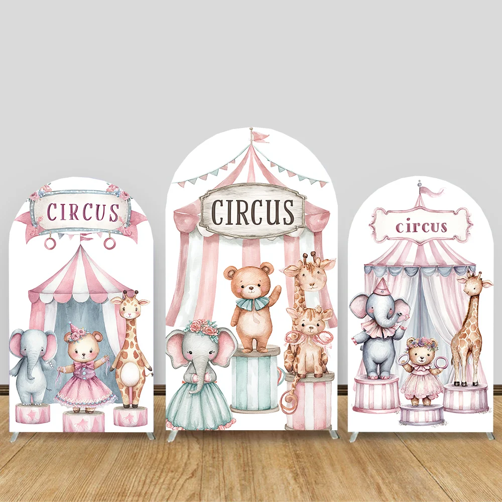 

Pink Circus Arch Backdrop Cover,Cute Animals,Baby Shower Background Decor,text Can Be Customized,Kids Birthday Party Supplies