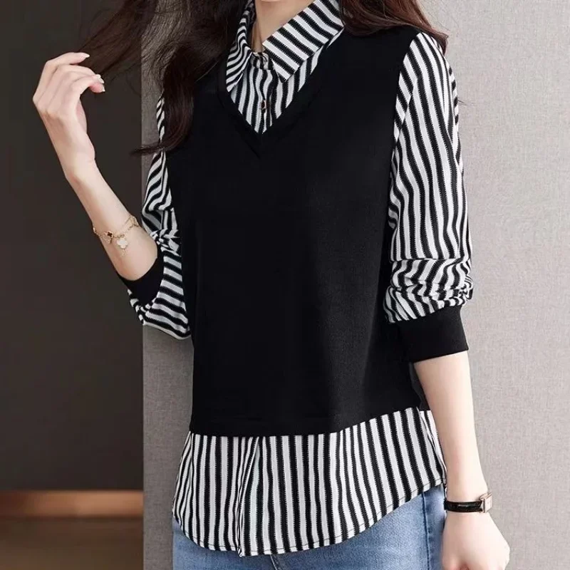 

Temperament Women's Clothing Autumn and Winter New Splice Buttons Simplicity Stripe Collar Long Sleeve Commuter Pullover