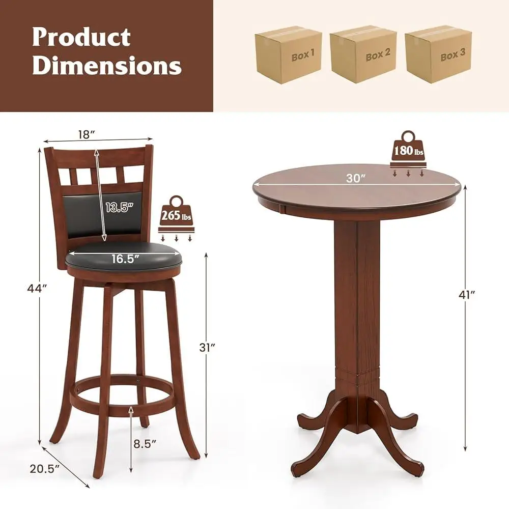 3 Piece Round Bar Table Set with 2 Upholstered Swivel Stools Rubber Wood Frame Kitchen Dining Home Decor