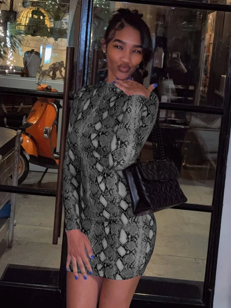 Kliou Serpentine Print Mini Dress For Woman o-Neck Full Sleeve  Skinny Stretch Hot Girl Midnight Club Party Sexy Fashion Bodycon