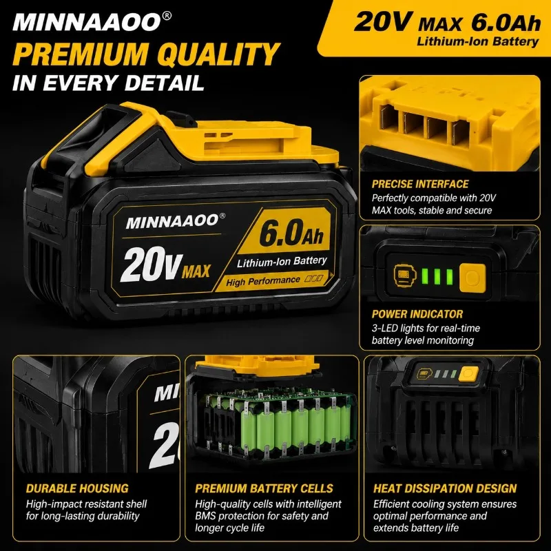 MINNAAOO 20V MAX 6.0Ah Lithium Ion Battery Pack Replacement for 20V Cordless Power Tools Rechargeable Li-ion Battery
