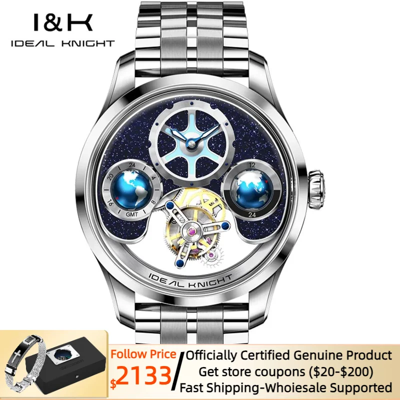 

Ideal Knight Tourbillon Movement Watches for Men Two Location Time Display Skeleton Hollow Waterproof Men's Watch (Blue Earth)