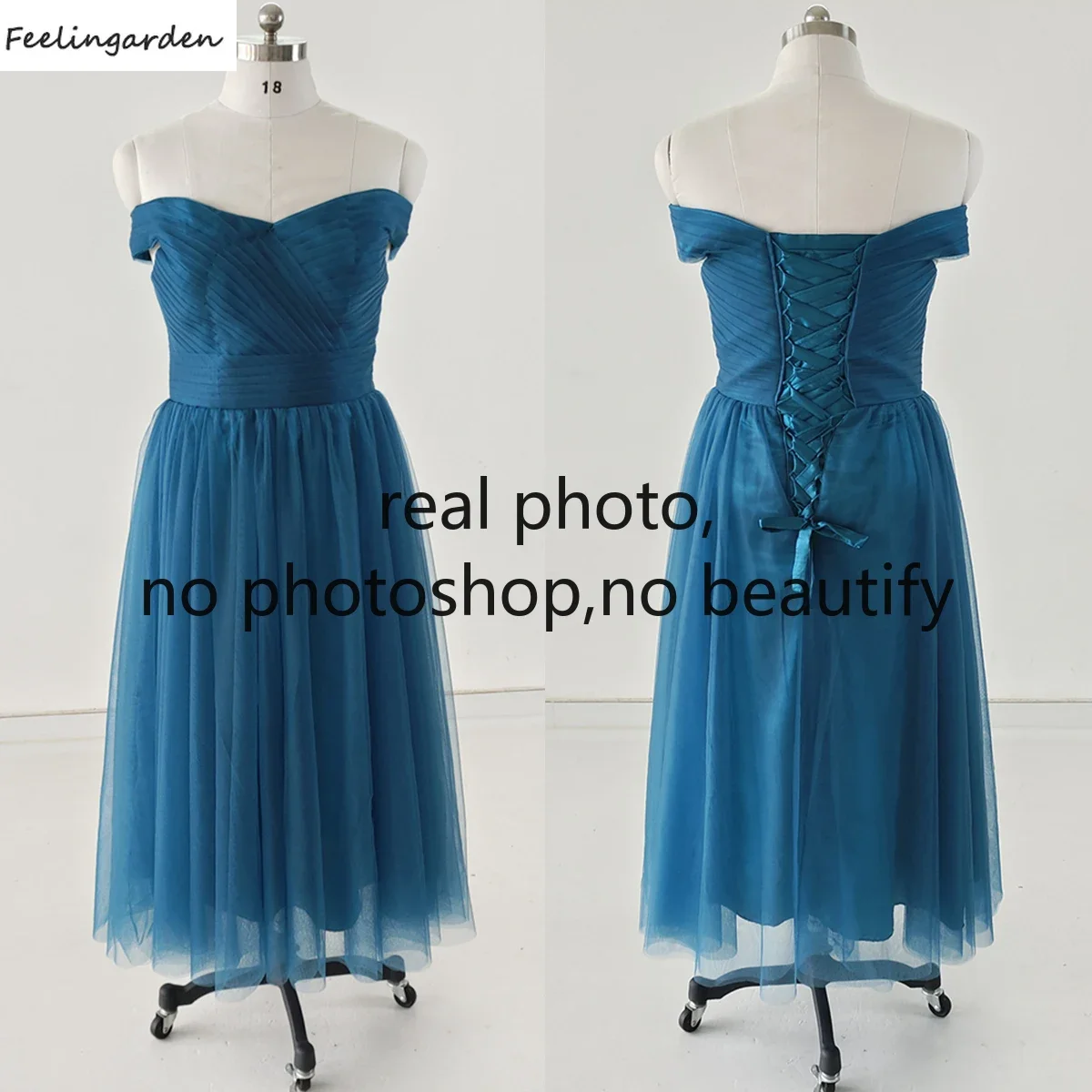 Feeling arden echtes Foto Abendkleid blaue Tüll falte von der Schulter a-Linie knöchel lange Plus Size Frauen Party formelle Kleider