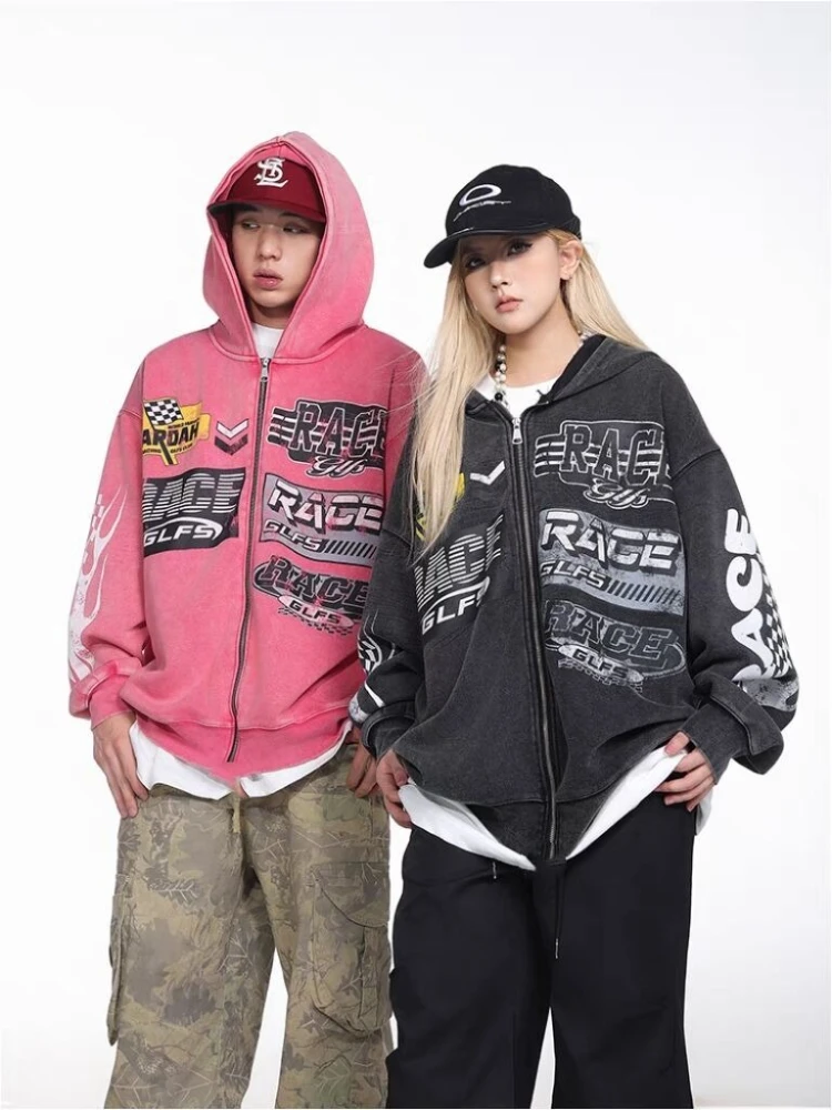 

American Vintage Outwear Zipper Letter Pattern Long Sleeve Pure Color Fashion High Street Subculture Fold Hooded 2025 Autumn