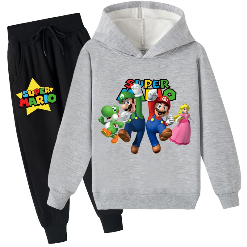 Roupas de 2 peças com capuz e calças jogger forradas de lã para jovens, moletom escovado Super Mario, tops de algodão para 2 a 14 anos