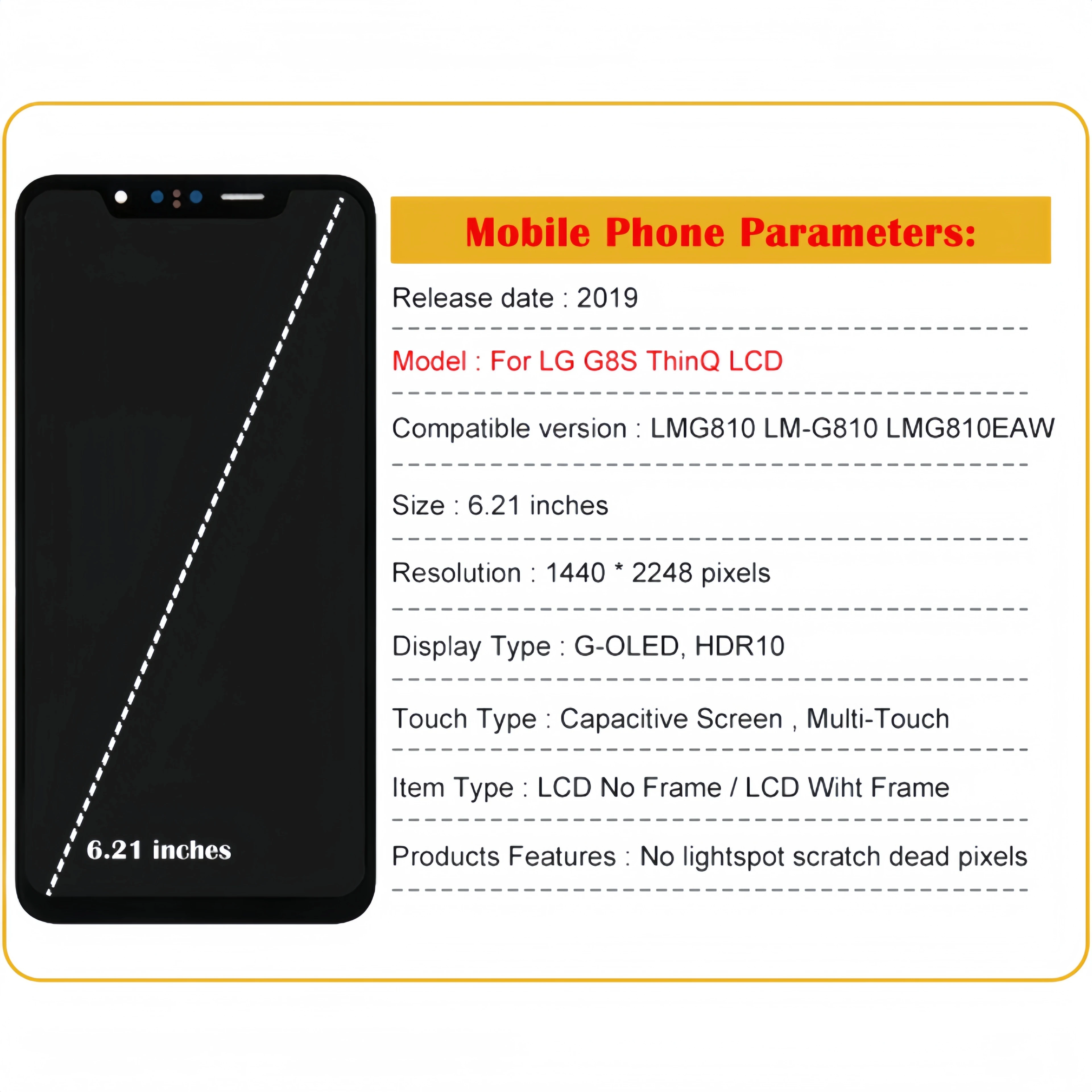 LCD Display Touch Screen Digitizer Assembly Replacement, Fit for LG G8S, ThinQ, G810, LMG810, LM-G810, LMG810EAW