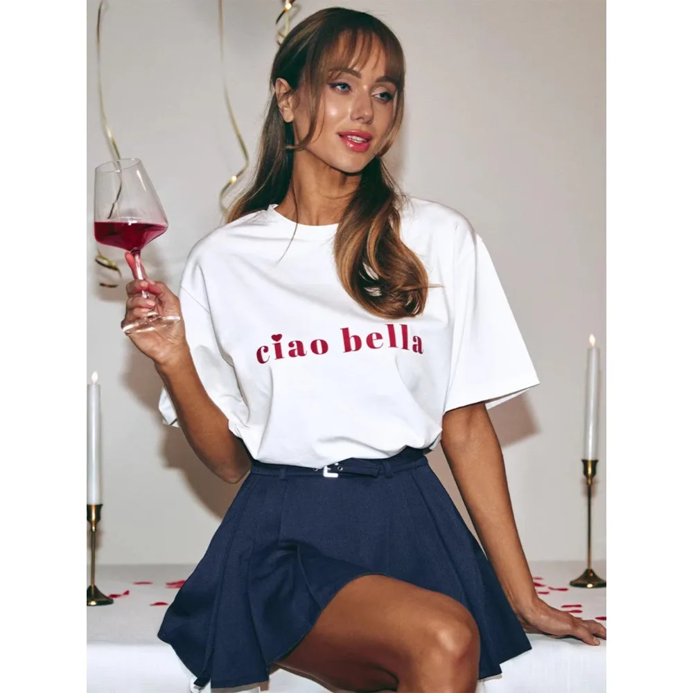 

Oversized White T-Shirt with Ciao Bella Print Funny Boutique Shirt Women Fashion Tee Summer Cotton Casual O-Neck Men Tshirt