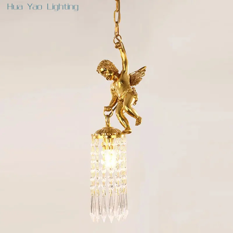 Gold cupid decoration crystal suspension luminaire vintage single droplight pendant light reception desk lights