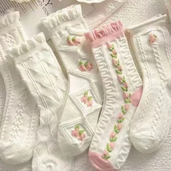 5 Pairs Cute Lace Mid Leg Socks Ruffled Edges Harajuku Style Soft Fashionable Suitable Girls Comfortable Sweat Absorbing Socks