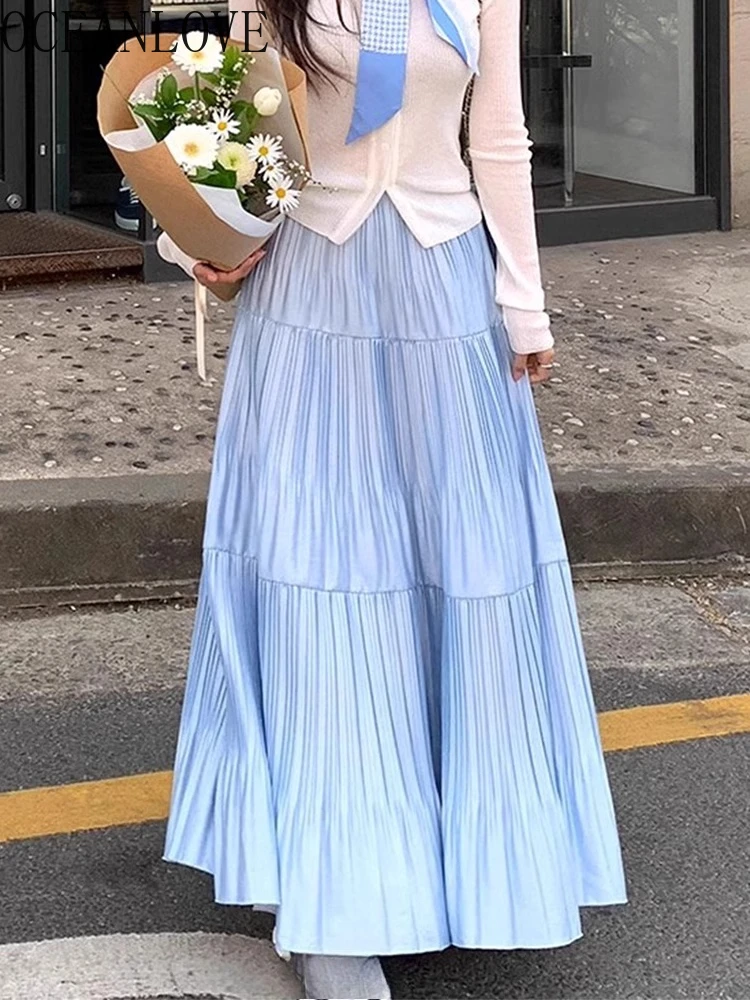 

OCEANLOVE Pleated Skirts Women Spring Autumn Solid Elegant Sweet Long Skirt Korean Fashion A-line Simple Faldas Mujer