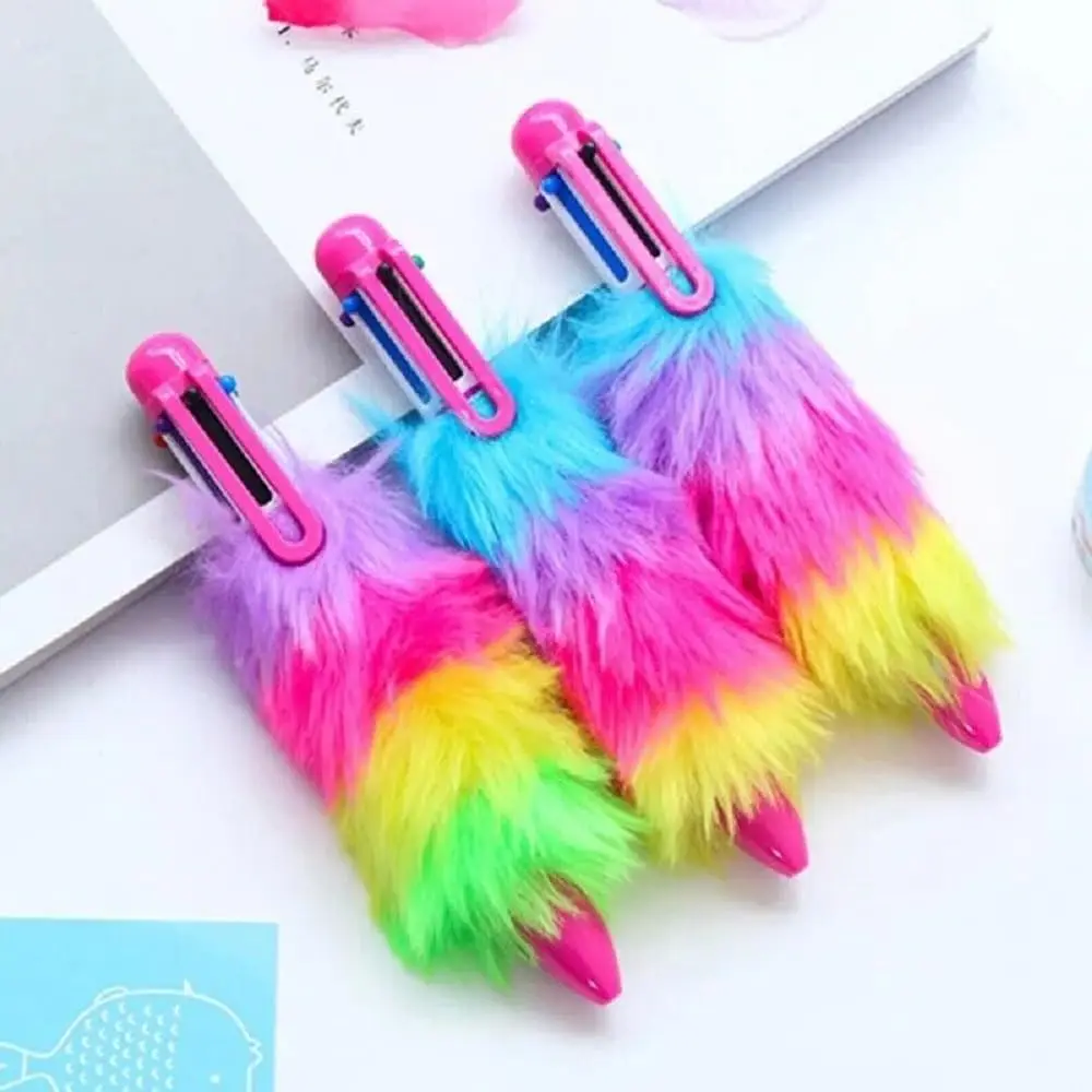 36pcs Wholesale Student Stationery 6-in-1 Ballpoint Pen Rainbow Plush Fluffy Retractable Pen Fun Writing School Supplies