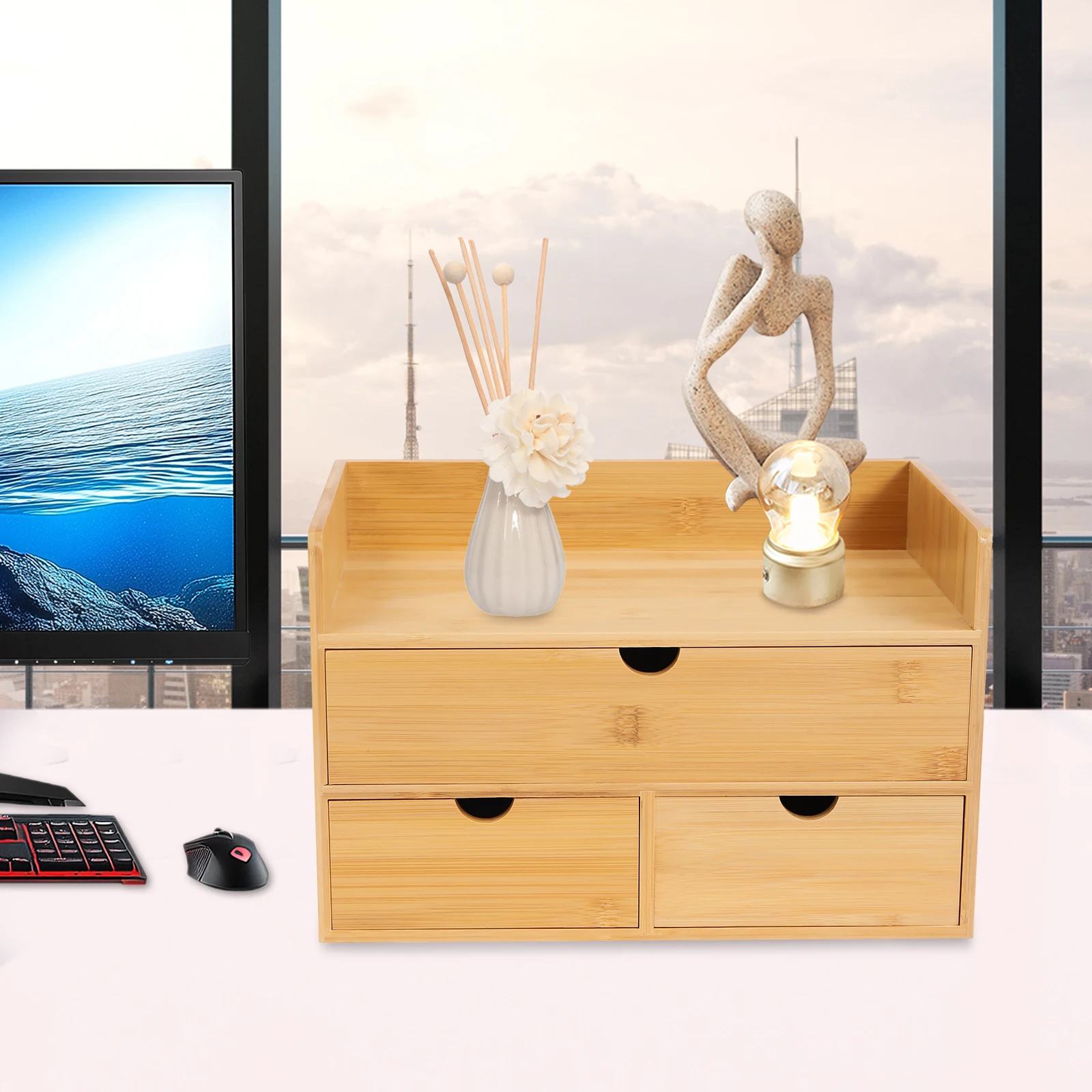 

Органайзер для стола из бамбука с 3 ящиками (1 верхний/2 нижних) — не требует сборки, экологичная краска, гладкая поверхность, идеально подходит для хранения в офисе/дома