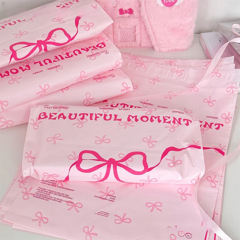 10Pcs Pink Plastic Courier Bags Bow Knot Printed Express Envelope Clothing Packing Shipping Envelopes Self Adhesive Mailing Bag