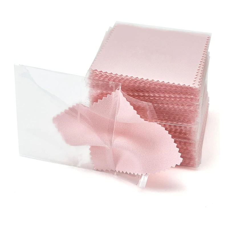 

100PCS Jewelry Cleaning Cloth,Professional Polishing Cloth Individually Wrapped,Pink Silver Polishing Cloth 3.15X3.15In