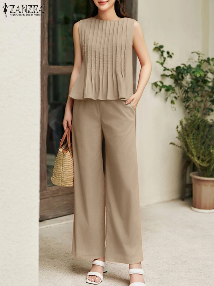 

ZANZEA Women Casual Pant Sets Fashion Pintuck Sleeveless Tops Wide Leg Pants 2PCS Outfits 2025 Summer Holiday Commute Solid Suit