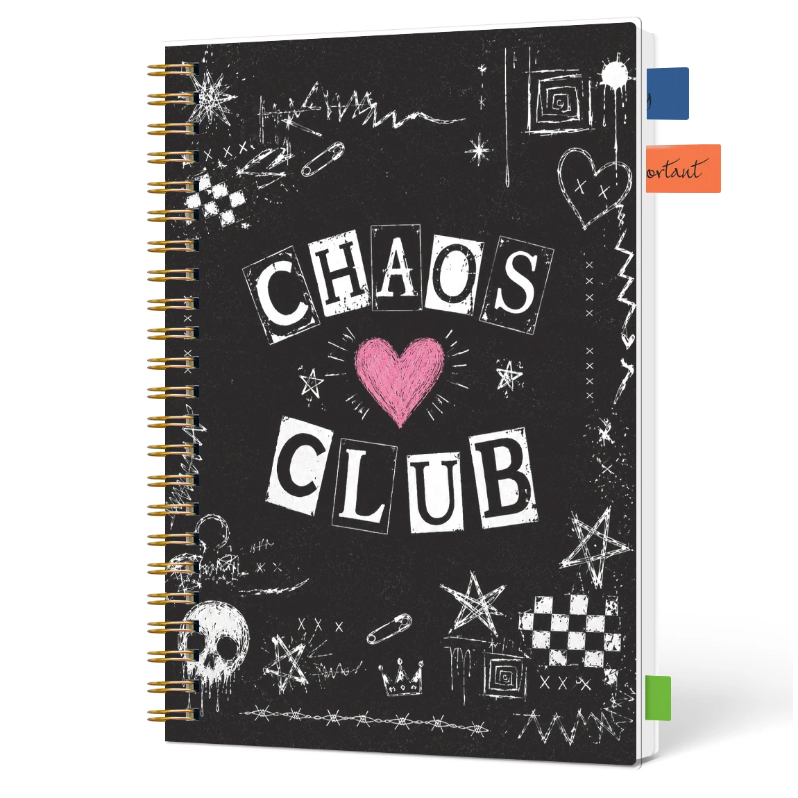 1PC Punk Style Spiral Hardshell Notebook Cover Features Chaos Club Heart Skeleton Pattern for Unique Fashion Stationery