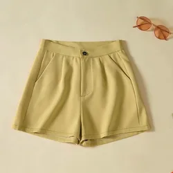 Simplicity Casual Summer Thin Style Women's Solid Color Pocket Suit Pants Fashion Loose High Waist A-line Wide Leg Shorts