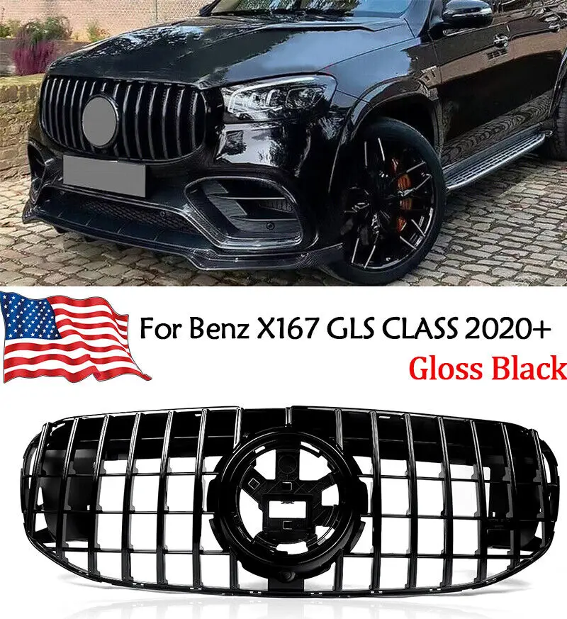 Gloss Black Front Grille W/ Camera For 2020-22 Mercedes Benz X167 GLS450 GLS580