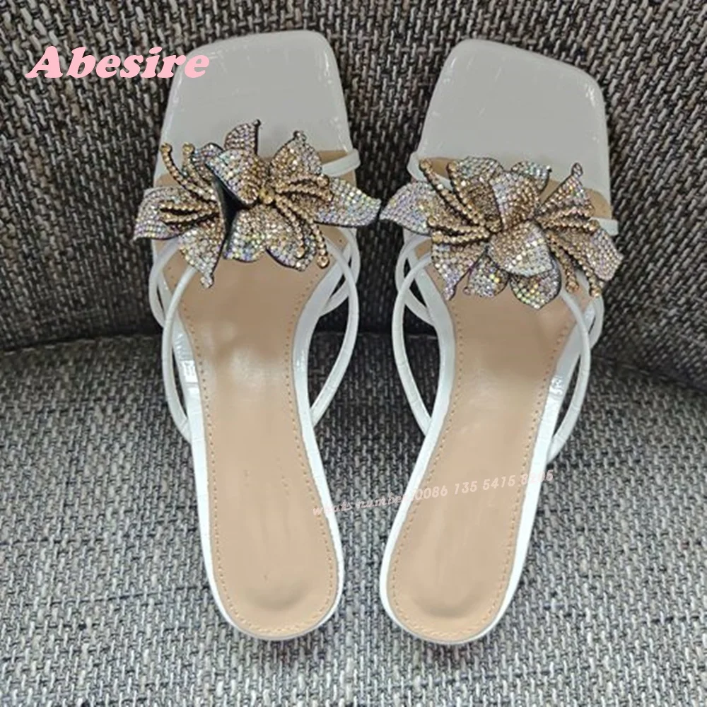 

White Flower Crystals Slippers Cut Out Stiletto Heels Slip On Women's Slippers Rhinestones Patchwork Elegant Party Shoes Sexy