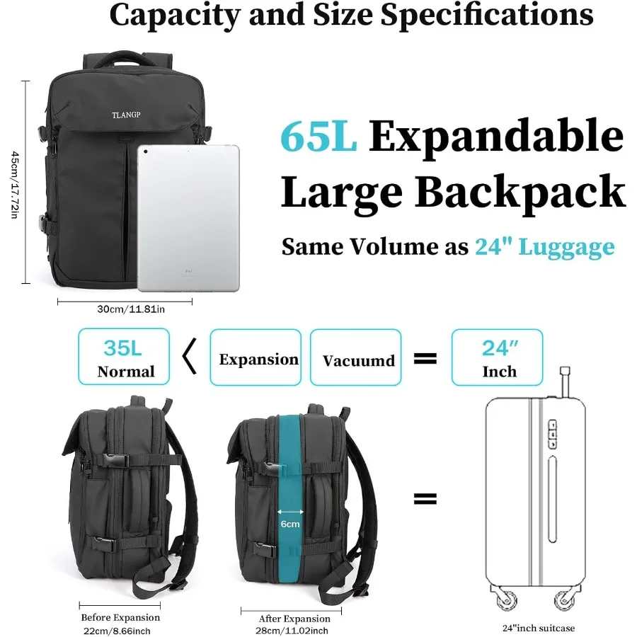 حقيبة ظهر مضغوطة بالفراغ سعة 60 لتر قابلة للتوسيع ومقاومة للماء ومضادة للسرقة باللون الأسود #5
