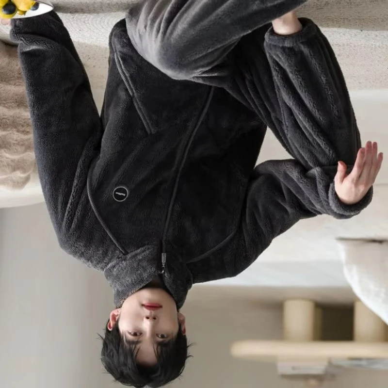 Cardigan Zipper Large Size Warm Winter Clothing Men's Autumn Winter Thickened Fleece Flannel Suit Pajamas Coral Fleece Homewear